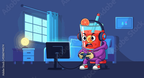 Animated Juice Glass Character Playing Video Games In Bedroom Cartoon Illustration