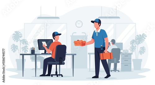 Friendly Delivery Person Brings Food Box to Office Employee At His Workplace