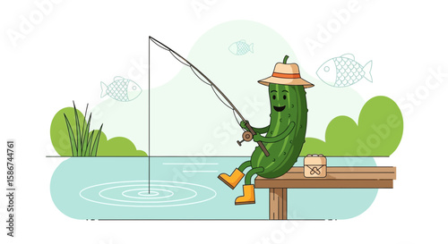 Cartoon Pickle Fishing Concept At River Bank Wearing Hat And Yellow Boots