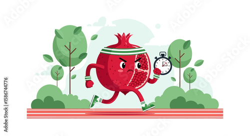 Cartoon Pomegranate Running with Stopwatch on Track in the Park Vector Illustration
