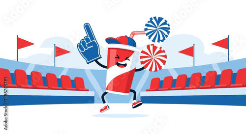 Animated Soda Cup Cheering At A Sporting Event With Red White And Blue Colors
