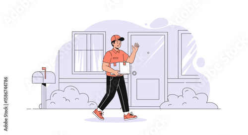 Friendly Delivery Service Delivering Package To Home Waving Hand Professionally