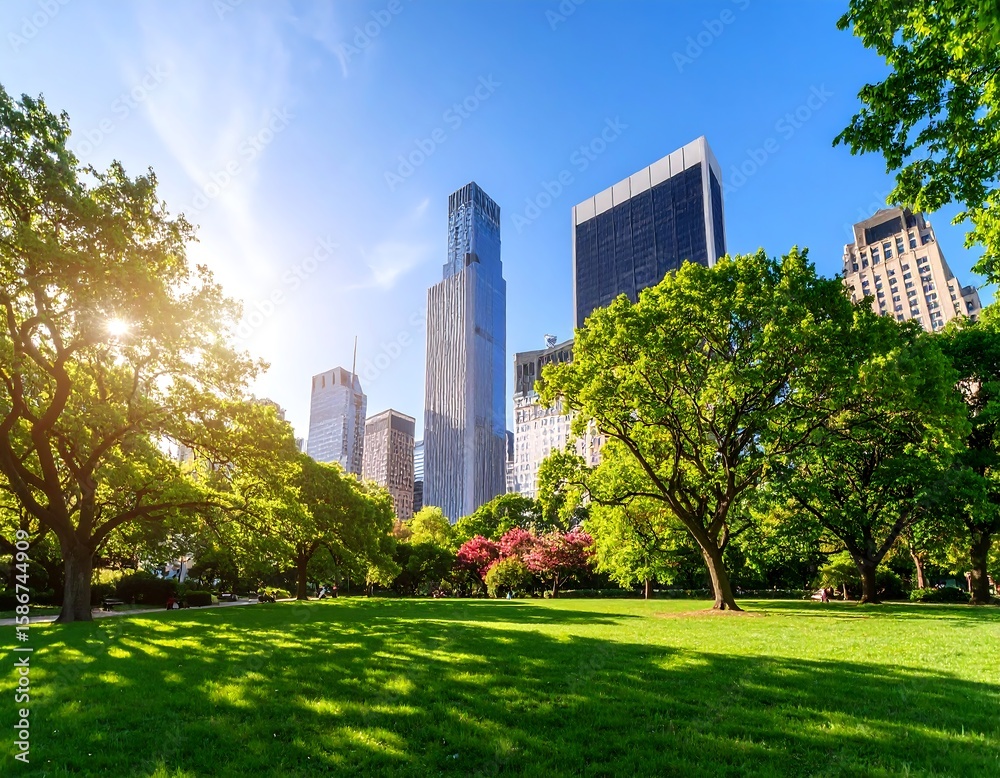 Fototapeta premium Lush park meets city skyline