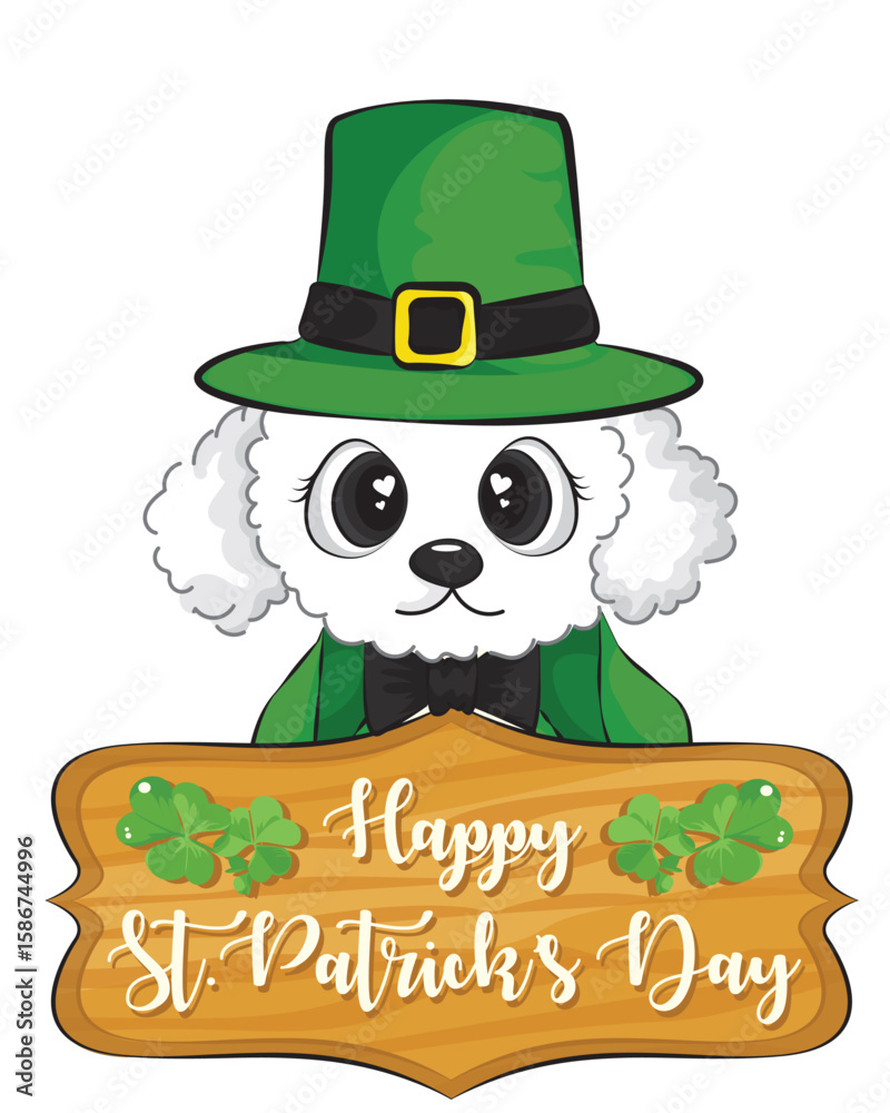 A dog in a leprechaun hat on a white background with green clovers. St Patrick's Day concept