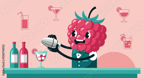 Cartoon Raspberry Bartender Shaking a Cocktail in a Trendy Bar With Soft Colors