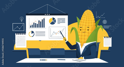Corn Farmer Character Explaining Data Charts In Presentation At Conference Room