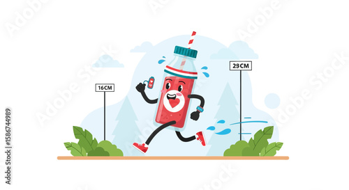 Cartoon Smoothie Bottle Doing Sport Activities And Running In Forest Outdoors