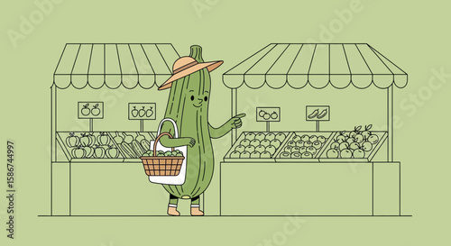 Friendly Zucchini Character Shopping For Produce At The Local Farmer's Market Stall