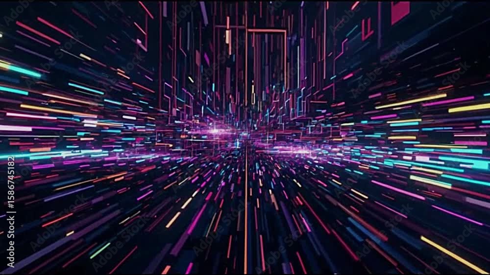 Digital Neon Data Tunnel, Futuristic Light Speed Travel Animation