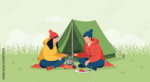 Couple Cooking Near Tent During Outdoors Camping Adventure Holiday Trip