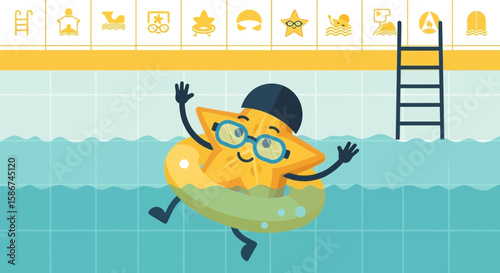 Cartoon Starfish Enjoying Summer Vacation In A Sparkling Pool Wearing Googles And Float
