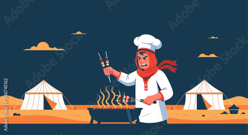 Arabian Chef Grilling Kebabs in Desert Camp Under a Night Sky Illustration