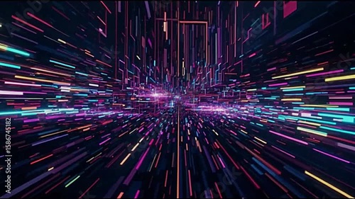 Digital Neon Data Tunnel, Futuristic Light Speed Travel Animation