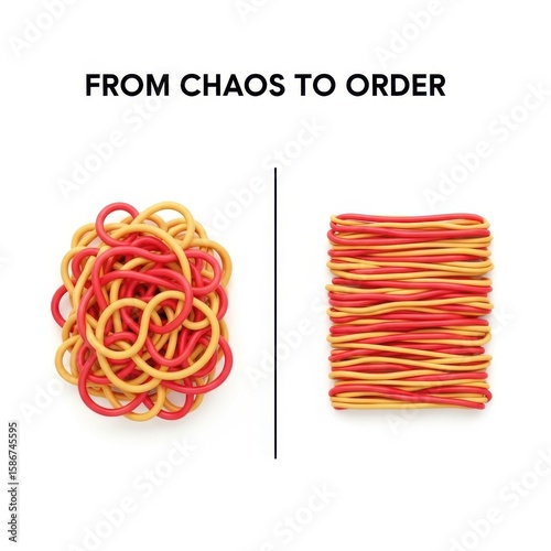 Red and yellow rubber bands in chaotic and ordered arrangements elastic bands chaos