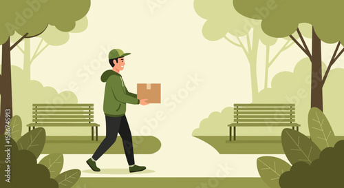Efficient Package Delivery Person Walking In Peaceful City Park Illustration