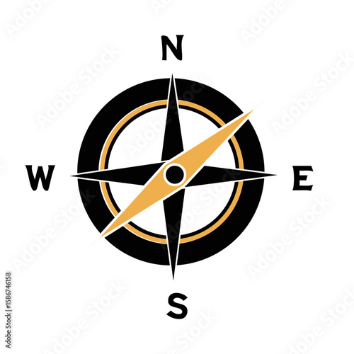Stylish compass with directional arrows and bold black, gold colors on a transparent background with copy space