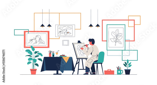 Artist Creating Portrait In Art Studio With Paintings And Creative Workspace In Minimalist Style