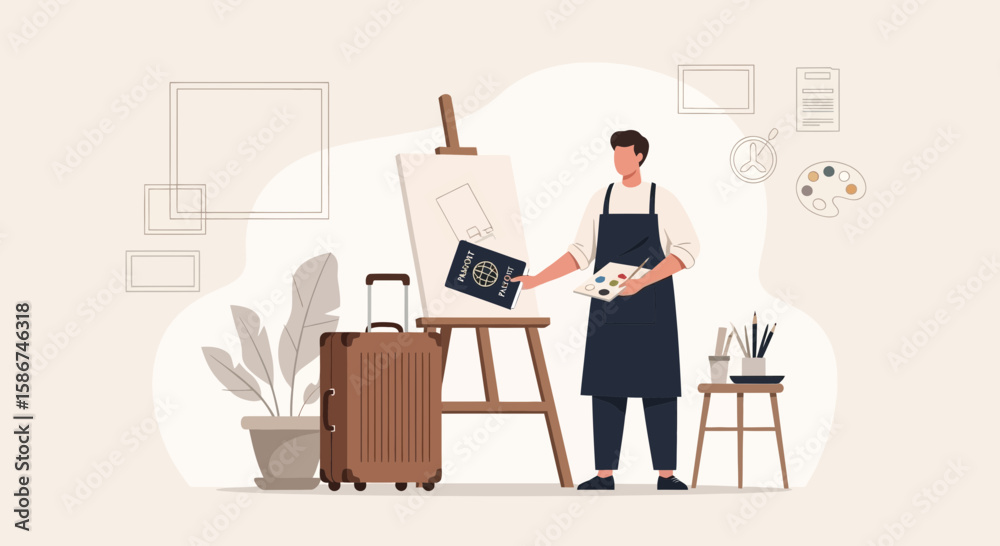 Artist Preparing To Paint Travel Memories And Passport Illustration In Studio Artist Preparing To Paint Travel Memories And Passport Illustration In Studio