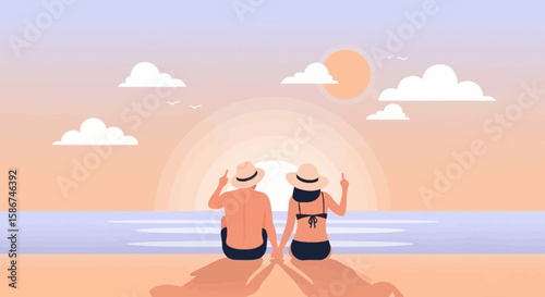 Couple Enjoying Romantic Sunset On Vacation At Seaside In Summer Evening