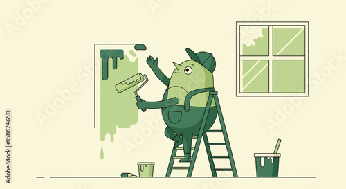Cartoonish Green Character Expertly Painting A Wall Near A Window Ladder