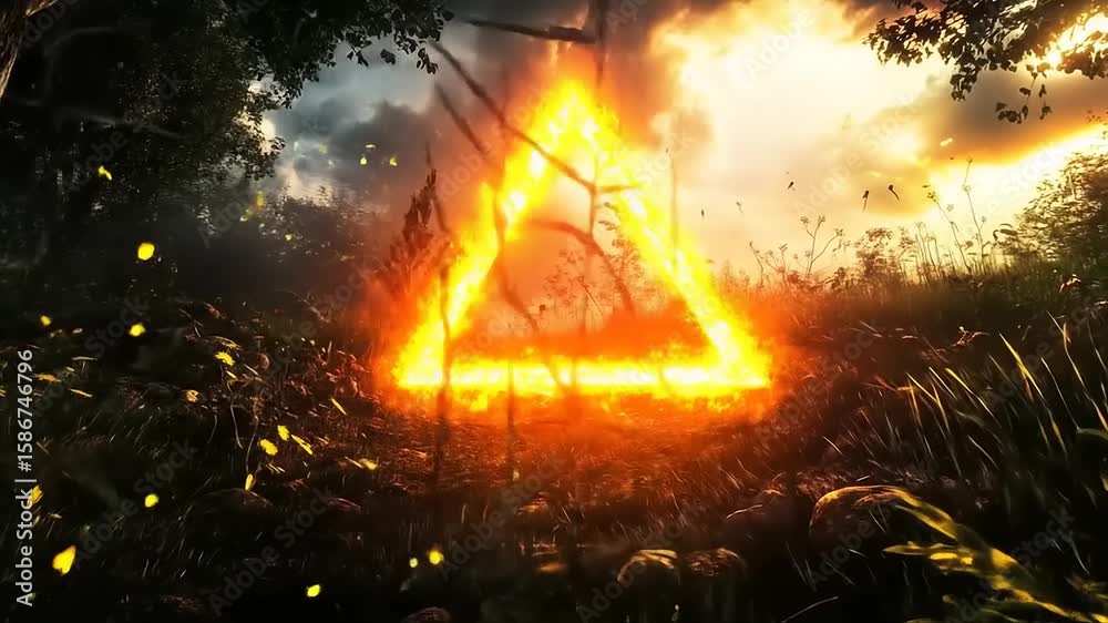 Ethereal triangle portal with a burning glow amidst lush forest scenery