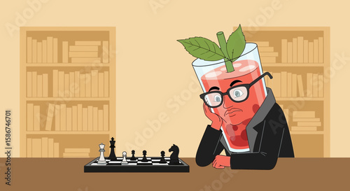 Frustrated Bloody Mary Cocktail Contemplating Chess Strategy In Library Illustration