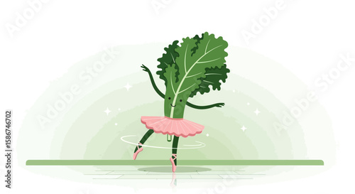 Cartoonish Kale Ballet Dancer Symbolizing Healthiness With Pink Ballet Skirt