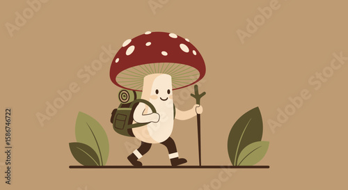 Cartoonish Mushroom Adventurer Hiking Through a Whimsical Forest Landscape Vector Illustration