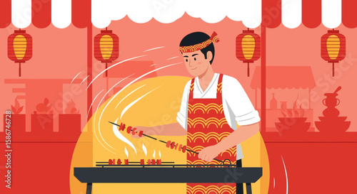 Asian Chef Grilling Delicious Skewers At A Night Market Stall With Festive Lanterns