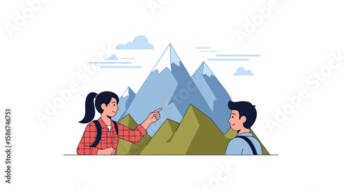 Couple Planning Adventure In The Mountains Together Vector Illustration