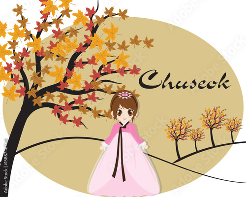 Happy Thanksgiving Day in Korea. Traditional Hanbok children characters greet. Rich harvest and Happy Chuseok, Hangawi, Korean translation.