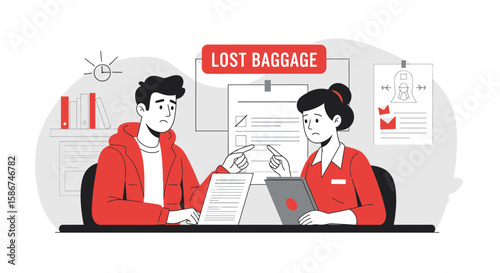 Frustrated Passenger Reporting Lost Baggage To Airline Representative Illustration