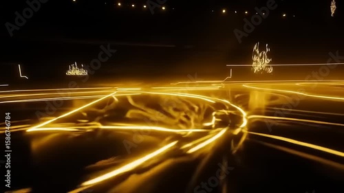 Golden Trails on a Shiny Surface: Abstract Light Art Video, Dark Backdrop