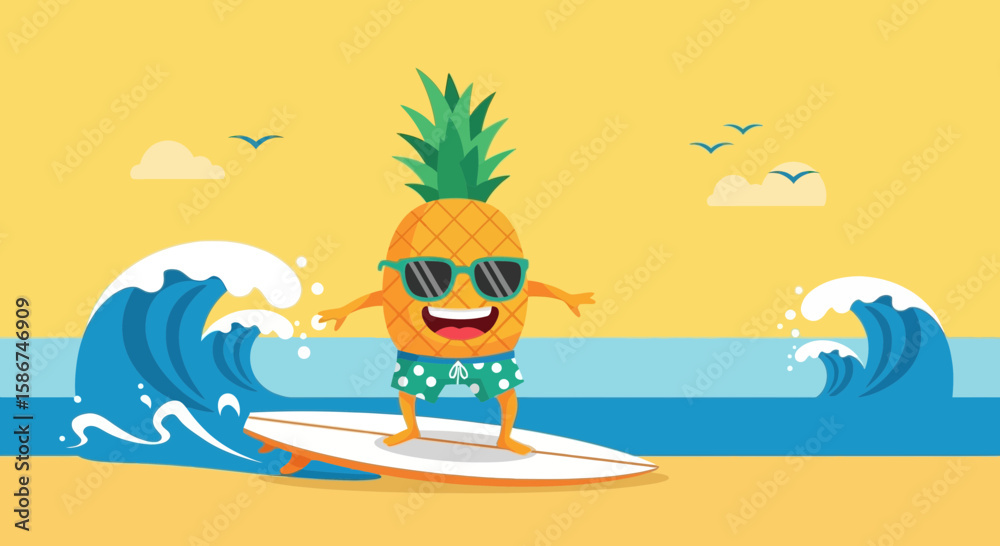 Fun Pineapple Surfer Cartoon Character Enjoying Summer Holiday on Beach Fun Pineapple Surfer Cartoon Character Enjoying Summer Holiday on Beach