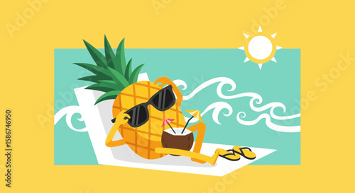 Fun Summer Vacation With Pineapple Character Relaxing On The Beach