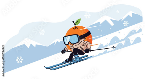 Fun Winter Holiday Orange Character Enjoying Skiing Down Snowy Mountains