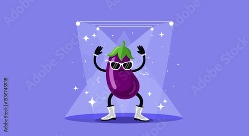 Funky Eggplant Grooving Under The Spotlight In Retro Style Vector Illustration