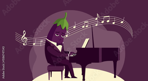 Elegant Eggplant Plays Piano Expressing Melancholy Musical Performance