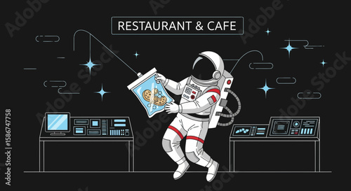 Astronaut Floating In Space Cafe With Vacuum-Packed Cookies For Snack Break