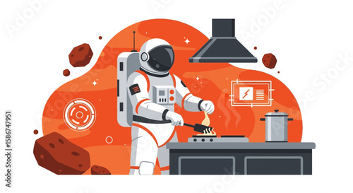 Astronaut In Spacesuit Cooking Food On A Stove In Outer Space Kitchen