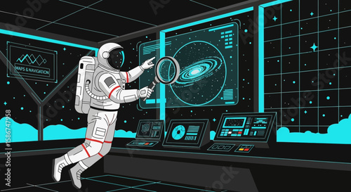 Astronaut In Spacecraft Examining Galaxy Through Magnifying Glass Illustration