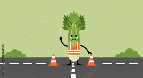 Celery Man Directing Traffic With Cones For A Healthy Eating Campaign