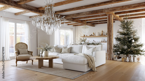 Living room with christmas tree and chandelier