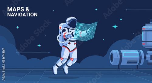 Astronaut Navigating Space Station Using Holographic Map Technology In Outer Space