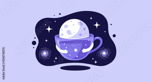 Celestial Brew A Cup Of Moon Minimalist Galaxy Illustration Cosmic Delight