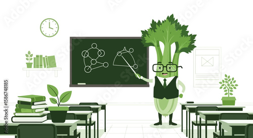 Celery Teacher Explaining Geometry on Blackboard In A Classroom Illustration