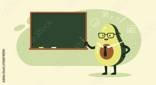 Funny Avocado Professor Explaining On Blackboard For Education And Healthy Eating