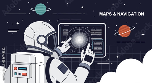 Astronaut Navigating Through Space Using Advanced Touchscreen Technology Interface