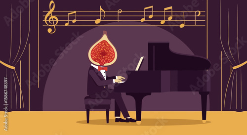 Elegant Fig Head Pianist Performing on Stage Unique Musical Concert Illustration