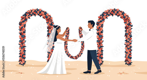 Elegant Floral Arch Wedding Ceremony Featuring Bride and Groom Silhouette